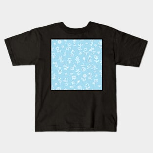 Baby Blue and Mustard Doodle Scribble Floral Design Kids T-Shirt